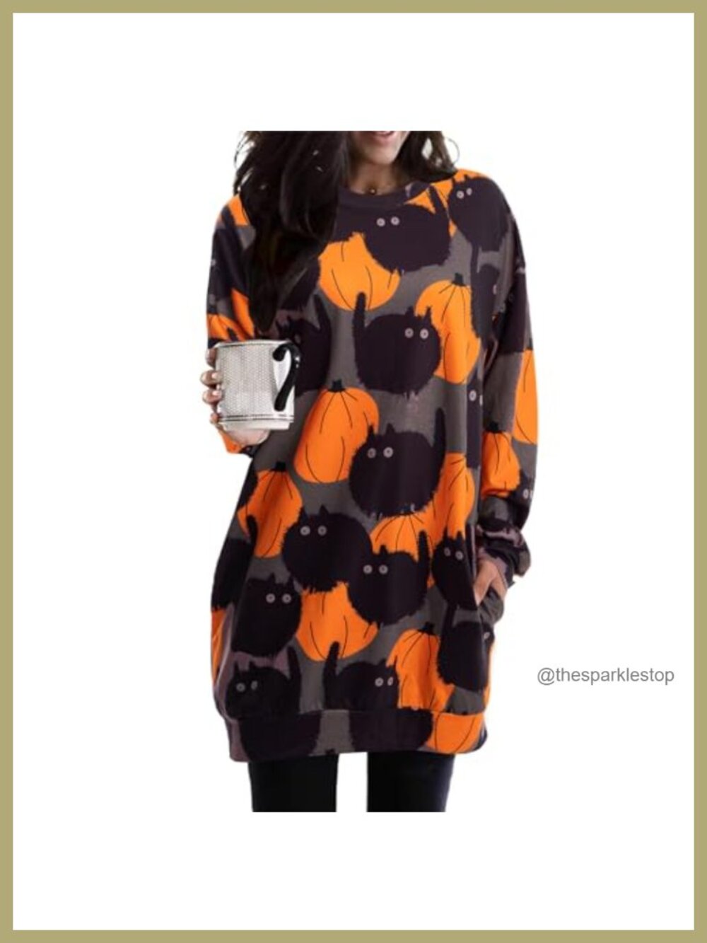 Women's Pumpkin Black Cat Graphic Sweatshirt Pocket Tunic Pullover
